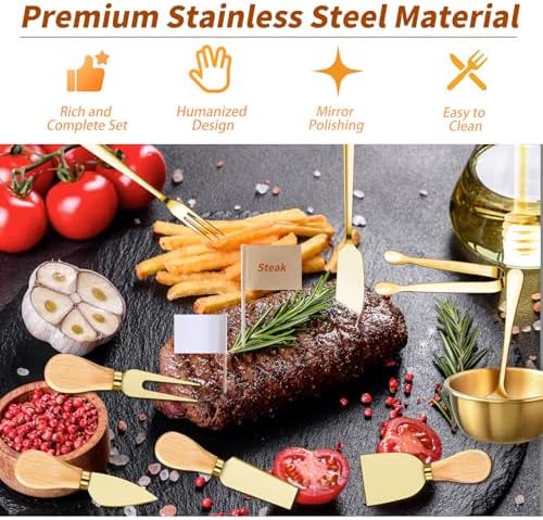 48 Pcs Charcuterie Boards Accessories Butter Spreader Knives Set Stainless Steel Cheese Mini Serving Tongs Spoons Forks Dipping Bowls Toothpick Flags Utensils for Pastry Making Wedding Christmas(Gold)