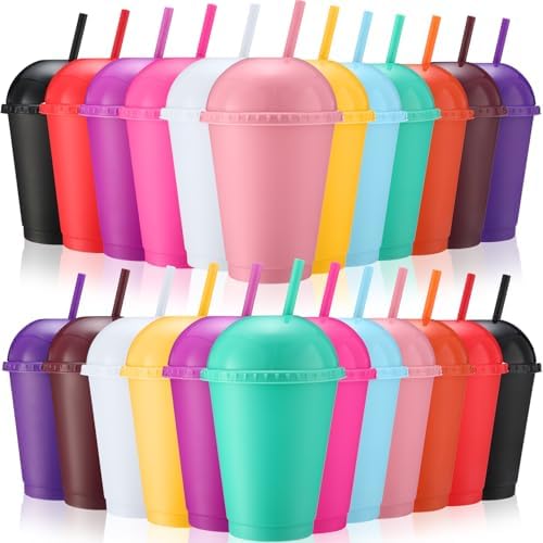Hsei 24 Pack Glitter Plastic Cups with Dome Lids Straws 16 oz Reusable