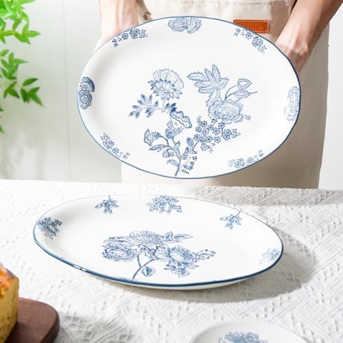 Ceramic Serving Platter, Large Oval Dinner Plates, Blue and White, Set