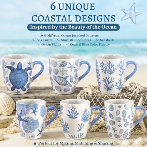 Qinyoung 6 Pcs Coastal Coffee Mugs Set 12oz Beach Ceramic Cups with