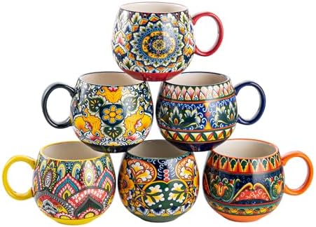 Henten Home Ceramic Coffee Mug Set of 6, 20 oz Colorful Coffee Cup