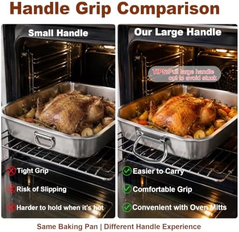 Stainless Steel Roasting Pan with Rack & Handles, 14.17 * 10.63 Inch Food-Grade Roasting Pan, Oven and Dishwasher Safe. Suitable for Turkey, Meat, Baking, Bread