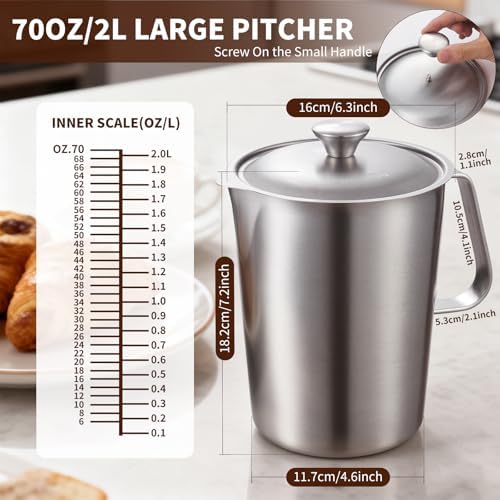 2L Stainless Steel Pitcher with Lid 70oz Metal Measuring Pitcher