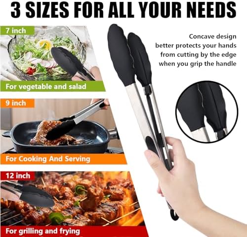 Kitchen Tongs with Silicone Tips, Stainless Steel Cooking Tongs Set of