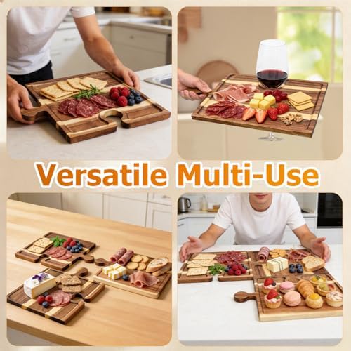 Puzzle Piece Charcuterie Board Set, 4-Piece Interlocking Acacia Wood Cheese Board & Appetizer Tray with Handles, Reversible Serving Platter for Party, Wine Night, Gift with Storage Box