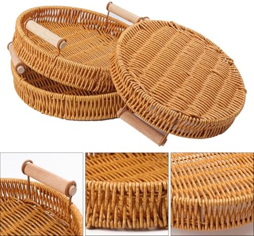 4 Pack 10.8 inch Round Rattan Tray, Round Woven Serving Basket with
