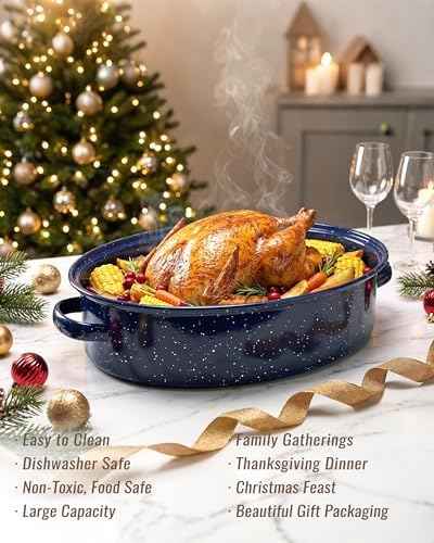 Turkey Roasting Pan with Lid & Rack, 18" Enamel Large Roaster Pan Set