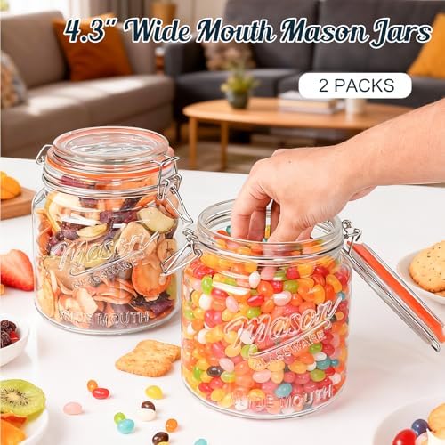 Half Gallon Mason Jar with Hinged Lid, 64 Oz Glass Jar, 2 Pack
