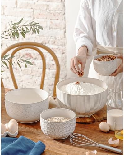 Mikiegy Ceramic Mixing Bowls Set of 4, Nesting Ceramic Embossment