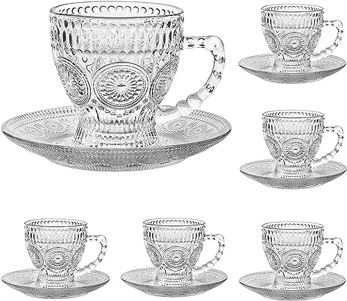 cosnou Vintage Glass Tea Cups with Saucers, Glass Mugs 7 Oz Set of 6