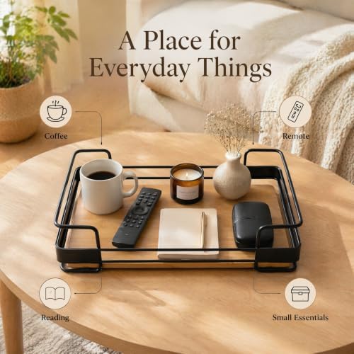 14.17" x 8.66" Rectangular Bamboo Serving Tray with Black Metal