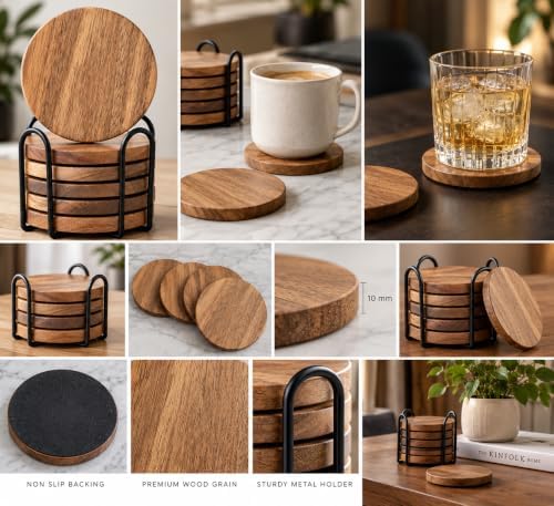 Acacia Wood Plain Round Coasters Set of 6 with Holder – Absorbent