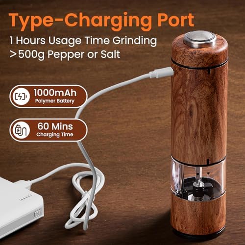 Electric Salt and Pepper Grinder Set, Rechargeable, Wood Grain