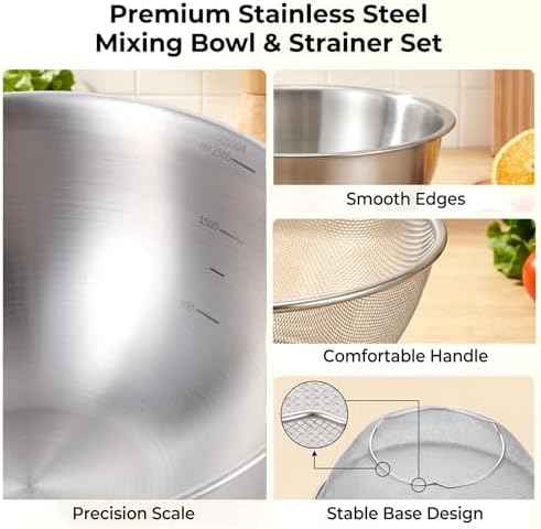 Stainless Steel Colander and Strainer Bowl Set, 3.2QT Rice Washer Strainer with Mixing Bowl, Multipurpose Kitchen Basket with Fine Mesh Colander Stainless Steel Pasta Strainers Solid Bowls
