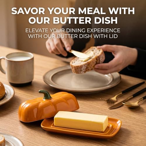 Ceramic Pumpkin Butter Dish with Lid - Halloween Kitchen Countertop