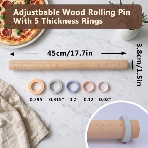 Wood Rolling Pin with Thickness Rings: Adjustable Dough Roller for