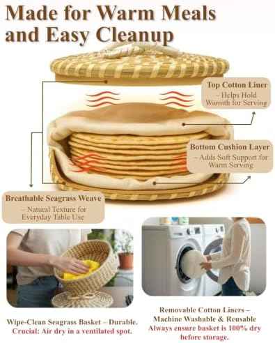 Handwoven Seagrass Tortilla Warmer Basket with Lid, 9.6" Breathable
