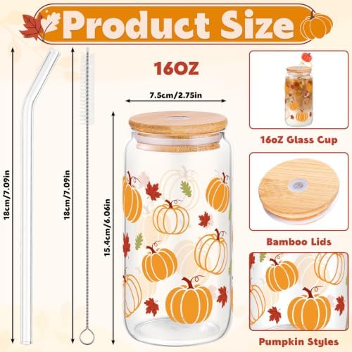 16 oz Fall Pumpkin Glass Cup With Lid & Straws Pumpkin Gifts for Women