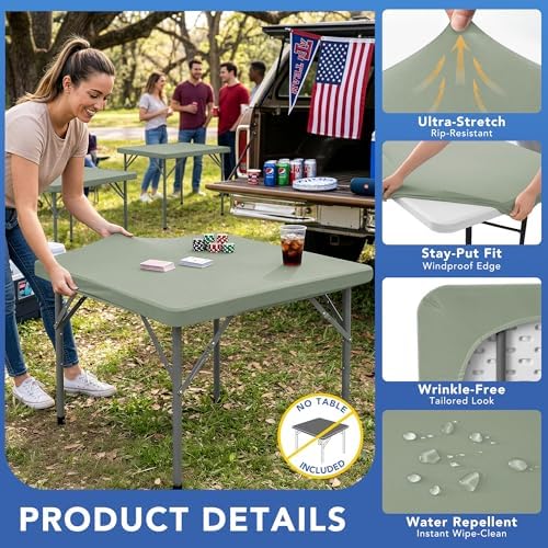 Card Table Covers Square Fitted Elastic Table Cloth-2 Pack Sage 34x34