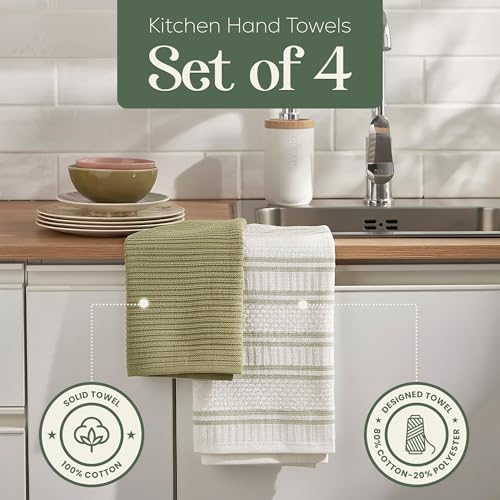 Kitchen Towels, Cotton Hand Towels, Sage Green and Cream Ribbed - Mini
