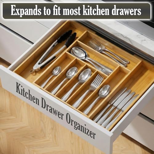 9-Slots Bamboo Drawer Organizers for Kitchen, Expandable Silverware