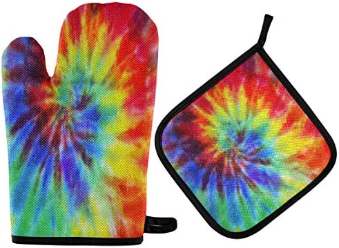 QMXO Tie Dye Texure Oven Mitts Quilted Cotton Lining Potholders BBQ