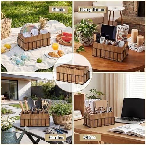 Silverware Holder for Party, Acacia Utensil Holder with 4 Removable