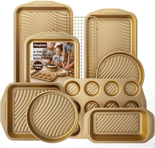 9-Piece Nonstick Bakeware Set, Non-Toxic Baking Pans Set, Gold