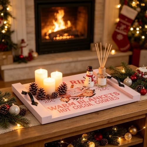 Pastel Pink Christmas Wooden Serving Tray with Metal Handles, Sleigh