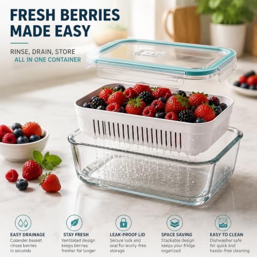 Glass Berry Containers for Fridge, 5 Pack