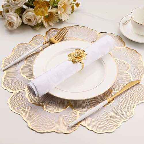Evevda 15 Inch Gold Floral Shaped Vinyl Placemats for Dinner Table Set