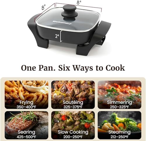 Elite Gourmet 2.5Qt PFAS-Free Ceramic Electric Skillet, 8"x8", Compact