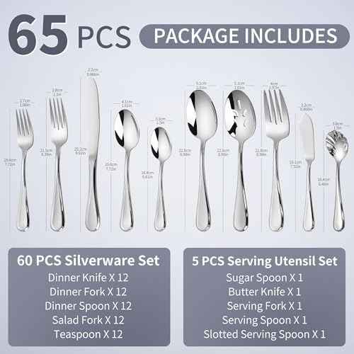 Heavy Silverware Set for 12, 65 PCS 18/10 Flatware Set & Serving