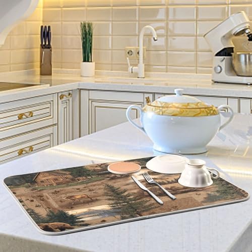 OTVEE Cabin in The Wilderness Dish Drying Mat for Kitchen Counter