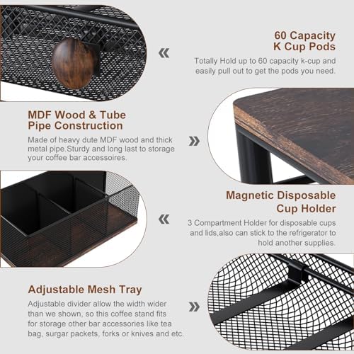 TQVAI K Cup Holder - 60 Capsule Capacity 2 Tier Sliding Pods Storage Drawer with Disposable Cups & Lids Holder, Coffee Bar Station Organizer for Countertop, Black