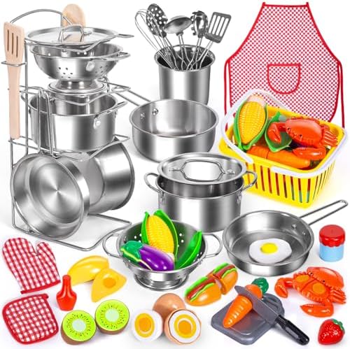 Kids Pretend Play Kitchen Toys Accessories Set, 32pcs Stainless Steel