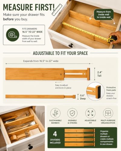 Bamboo Drawer Dividers, 16.5"-22" Adjustable Expandable Organizers