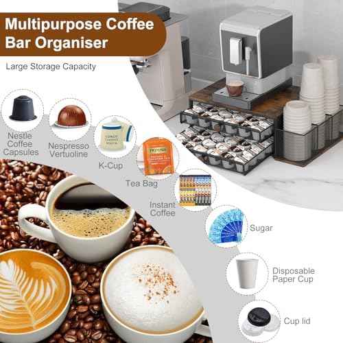 TQVAI K Cup Holder - 60 Capsule Capacity 2 Tier Sliding Pods Storage Drawer with Disposable Cups & Lids Holder, Coffee Bar Station Organizer for Countertop, Black