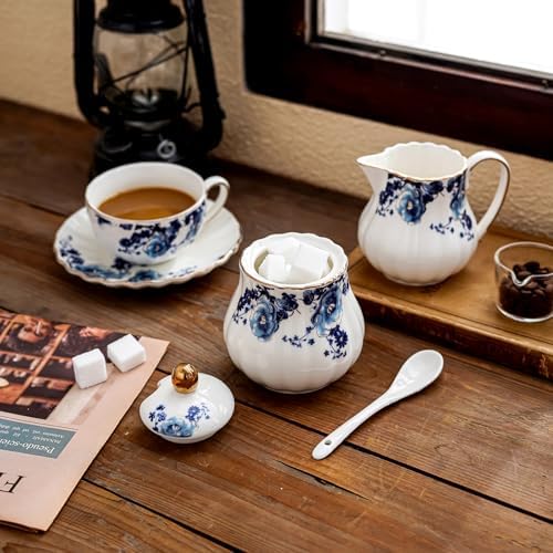 Agyiuns Ceramic Sugar and Creamer Set, 3 Piece with Cream Pitcher