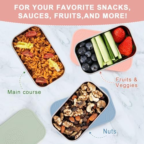 Caperci 3-Pack Large Stainless Steel Snack Containers with Silicone