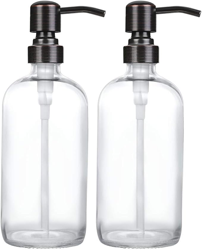 2 Pack Thick Clear Glass Boston Round Bottles /Oil Rubbed Bronze Stainless by Unknown