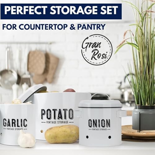 Granrosi Potato and Onion Storage Bin Set with Garlic Storage, White