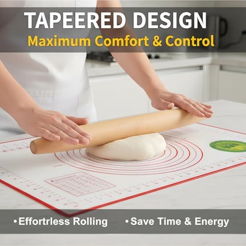 Rolling Pin and Silicone Baking Mat Set, Non-Stick Beech Wood Rolling