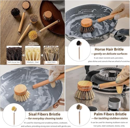 Bamboo Dish Brush with Handle, 3 Natural Bristle Heads