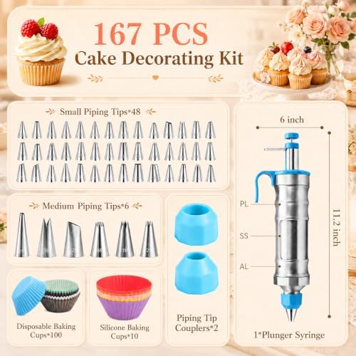 167-Piece Cake Decorating Kit, Icing Dispenser, 54 Tips, Light Blue