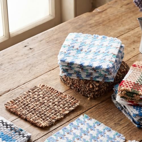 Set of 10 Fabric Drink Coasters, Handcrafted Cotton Woven Coasters for