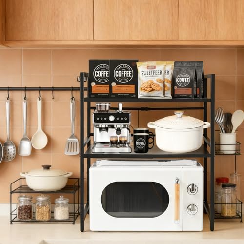 Expandable 3-Tier Microwave Rack with 6 Hooks