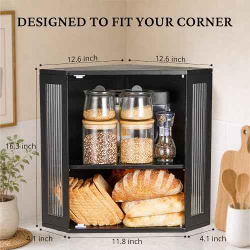 BRONYPRO Corner Bread Box for Kitchen Countertop, Extra Large 2-Tier Bamboo Bread Box with Adjustable Shelfr(Extra Large Black)