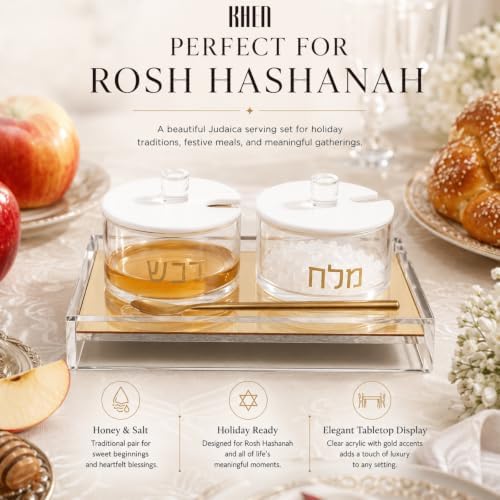 Khen Rosh Hashanah Honey And Salt Dish Set Lids Spoon Clear Acrylic