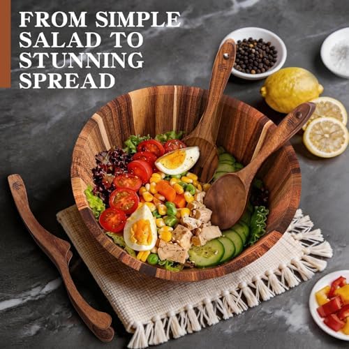 MAONAME Acacia Wood Salad Bowl Set, 12" Salad Bowls with Serving
